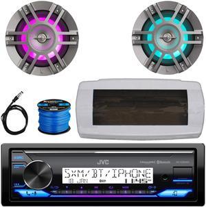 JVC KD-X38MBS Single-DIN Marine Bluetooth USB/AUX LED AM/FM SiriusXM Ready Stereo Receiver W/White Cover, 2x 6.5" 300W Max 2-Way Coaxial Titanium Boat RGB LED Speakers, 50 Feet Speaker Wire, Antenna