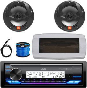 JVC KD-X38MBS Single-DIN Marine Bluetooth USB/AUX LED AM/FM SiriusXM Ready Stereo Receiver W/White Cover, 2x 6.5" 225W Max Power 2-Way Multi-Element Black Boat Audio Speakers W/50 Feet Wire, Antenna