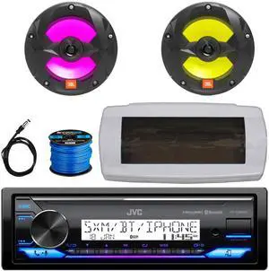 JVC KD-X38MBS Single-DIN Marine Bluetooth USB/AUX LED AM/FM SiriusXM Ready Stereo Receiver W/White Cover, 2x 6.5" 225W Max Power 2-Way Multi-Element Black Boat RGB LED Speakers W/50 Feet Wire, Antenna