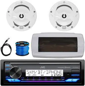 JVC KD-X38MBS Single-DIN Marine Bluetooth USB/AUX LED AM/FM SiriusXM Ready Stereo Receiver W/White Cover, 2x 6.5" 225W Max Power 2-Way Multi-Element Boat Audio White Speakers W/50 Feet Wire, Antenna