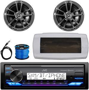 JVC KD-X38MBS Single-DIN Marine Bluetooth USB/AUX LED AM/FM SiriusXM Ready Stereo Receiver W/White Cover, 2x 6.5" 225W Max Power High-Performance 2-Way Boat Chrome Speakers W/50 Feet Wire, 22" Antenna