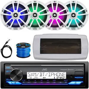 JVC KD-X38MBS Single-DIN Marine Bluetooth USB/AUX LED AM/FM SiriusXM Ready Stereo Receiver W/White Cover, 4x 6.5" 225W Max Power Waterproof Coaxial Boat White Speakers, 50 Feet Speaker Wire, Antenna