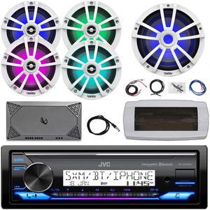 JVC KD-X38MBS Single-DIN Marine Bluetooth USB/AUX LED AM/FM SiriusXM Ready Stereo Receiver W/White Cover, 4x 6.5" 225W Max Speakers, 10" Multi-Element Subwoofer, 4-Channel Amplifier W/Kit, 22" Antenna