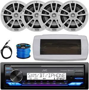 JVC KD-X38MBS Single-DIN Marine Bluetooth USB/AUX LED AM/FM SiriusXM Ready Stereo Receiver W/White Cover, 4x 6.5" 225W Max Power High-Performance 2-Way Boat Speakers W/50 Feet 16G Wire, Radio Antenna