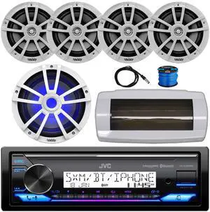 JVC KD-X38MBS Single-DIN Marine Bluetooth USB/AUX LED AM/FM SiriusXM Ready Stereo Receiver W/White Cover, 4x 6.5" 225W Max Power 2-Way Boat Speakers W/Wire, 10" 750W Max Power Subwoofer, 22" Antenna