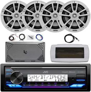 JVC KD-X38MBS Single-DIN Marine Bluetooth USB/AUX LED AM/FM SiriusXM Ready Stereo Receiver W/White Cover, 4x 6.5" 225W Max Power 2-Way Boat Speakers, 4-Channel Compact Amplifier W/8 Gauge Kit, Antenna