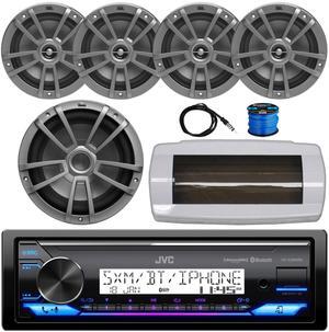 JVC KD-X38MBS Single-DIN Marine Bluetooth USB/AUX LED AM/FM SiriusXM Ready Stereo Receiver W/White Cover, 4x 6.5" 180W Max Power 2-Way Boat Speakers W/Wire, 10" 600W Max Power Subwoofer, 22" Antenna