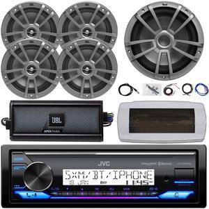 JVC KD-X38MBS Single-DIN Marine Bluetooth USB/AUX LED AM/FM SiriusXM Ready Stereo Receiver W/White Cover, 4x 6.5" 180W Max Power Speakers, 10" 600W Max Subwoofer, 4-Channel Amplifier W/Kit, Antenna