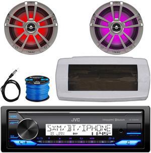 JVC KD-X38MBS Single-DIN Marine Bluetooth USB/AUX LED AM/FM SiriusXM Ready Stereo Receiver W/White Cover, 2x 6.5" 225W Max Power Waterproof Coaxial RGB LED Boat Titanium Speakers W/Wire, 22" Antenna