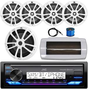 JVC KD-X38MBS Single-DIN Marine Bluetooth USB/AUX LED AM/FM SiriusXM Ready Stereo Receiver W/White Cover, 4x 6.5" 180W Max Power 2-Way Boat White Speakers W/Wire, 10" 600W Max Power Subwoofer, Antenna