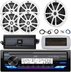 JVC KD-X38MBS Single-DIN Marine Bluetooth USB/AUX LED AM/FM SiriusXM Ready Stereo Receiver W/White Cover, 4x 6.5" 180W Max Power 2-Way White Speakers, 10" Subwoofer, 4-Channel Amplifier W/Kit, Antenna