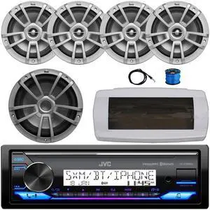 JVC KD-X38MBS Single-DIN Marine Bluetooth USB/AUX LED AM/FM SiriusXM Ready Stereo Receiver W/White Cover, 4x 8" 375W Max Power Boat Gray Speakers W/50 Feet Wire, 10" 600W Max Power Subwoofer, Antenna