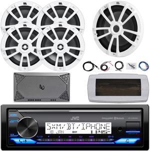 JVC KD-X38MBS Single-DIN Marine Bluetooth USB/AUX LED AM/FM SiriusXM Ready Stereo Receiver W/White Cover, 4x 8" 375W Max Power Speakers, 10" 600W Max Subwoofer, 4-Channel Amplifier W/Kit, 22" Antenna
