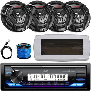 JVC KD-X38MBS Single-DIN Marine Bluetooth USB/AUX LED AM/FM SiriusXM Ready Stereo Receiver W/White Cover, 4x 6.5" 150W Max Power 2-Way Coaxial Black Boat Speakers W/50 Feet 16G Wire, 22" Radio Antenna