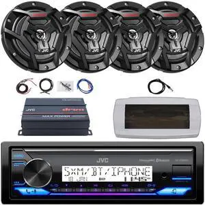JVC KD-X38MBS Single-DIN Marine Bluetooth USB/AUX LED AM/FM SiriusXM Ready Stereo Receiver W/White Cover, 4x 6.5" 150W Max Power 2-Way Coaxial Black Boat Speakers, 4-Channel Amplifier W/Kit, Antenna