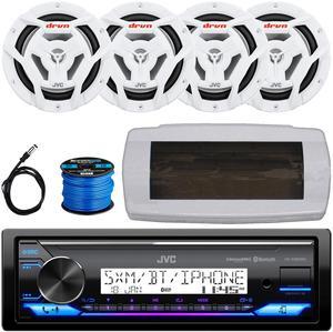 JVC KD-X38MBS Single-DIN Marine Bluetooth USB/AUX LED AM/FM SiriusXM Ready Stereo Receiver W/White Cover, 4x 6.5" 150W Max Power 2-Way Coaxial White Boat Speakers, 50 Feet Speaker Wire, 22" Antenna