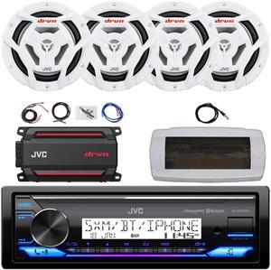 JVC KD-X38MBS Single-DIN Marine Bluetooth USB/AUX LED AM/FM SiriusXM Ready Stereo Receiver W/White Cover, 4x 6.5" 150W Max Power 2-Way Coaxial White Boat Speakers, 4-Channel Amplifier W/Kit, Antenna