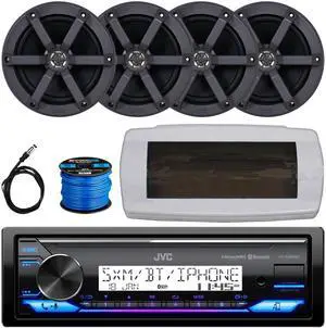 JVC KD-X38MBS Single-DIN Marine Bluetooth USB/AUX LED AM/FM SiriusXM Ready Stereo Receiver W/White Cover, 4x 6.5" 100 Watts Max Power 2-Way Boat Speakers, 50 Feet 16 Gauge Speaker Wire, 22" Antenna