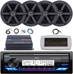 JVC KD-X38MBS Single-DIN Marine Bluetooth USB/AUX LED AM/FM SiriusXM Ready Stereo Receiver W/White Cover, 4x 6.5" 100W Max Power 2-Way Boat Speakers, 4-Channel Compact Amplifier W/8 Gauge Kit, Antenna
