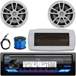 JVC KD-X38MBS Single-DIN Marine Bluetooth USB/AUX LED AM/FM SiriusXM Ready Stereo Receiver W/White Cover, 2x 6.5" 225W Max Power High-Performance 2-Way White Boat Speakers W/50 Feet Wire, 22" Antenna