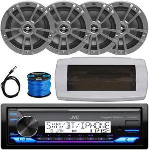 JVC KD-X38MBS Single-DIN Marine Bluetooth USB/AUX LED AM/FM SiriusXM Ready Stereo Receiver W/White Cover, 4x 6.5" 180W Max Power 2-Way Multi-Element Boat Gray Speakers, 50 Feet Speaker Wire, Antenna