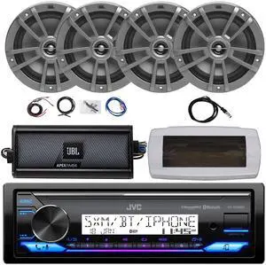 JVC KD-X38MBS Single-DIN Marine Bluetooth USB/AUX LED AM/FM SiriusXM Ready Stereo Receiver W/White Cover, 4x 6.5" 180W Max Power 2-Way Boat Gray Speakers, 4-Channel Class D Amplifier W/Kit, Antenna