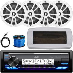 JVC KD-X38MBS Single-DIN Marine Bluetooth USB/AUX LED AM/FM SiriusXM Ready Stereo Receiver W/White Cover, 4x 6.5" 180W Max Power 2-Way Multi-Element Boat White Speakers, 50 Feet Speaker Wire, Antenna