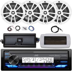 JVC KD-X38MBS Single-DIN Marine Bluetooth USB/AUX LED AM/FM SiriusXM Ready Stereo Receiver W/White Cover, 4x 6.5" 180W Max Power 2-Way White Speakers, 4-Channel Class D Amplifier W/Kit, Radio Antenna