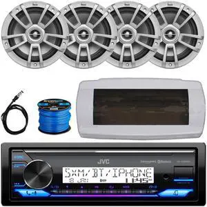 JVC KD-X38MBS Single-DIN Marine Bluetooth USB/AUX LED AM/FM SiriusXM Ready Stereo Receiver W/White Cover, 4x 8" 375W Max Power High-Performance Boat Gray Speakers, 50 Feet Speaker Wire, 22" Antenna