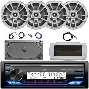 JVC KD-X38MBS Single-DIN Marine Bluetooth USB/AUX LED AM/FM SiriusXM Ready Stereo Receiver W/White Cover, 4x 8" 375W Max Power High-Performance Boat Gray Speakers, 4-Channel Amplifier W/Kit, Antenna