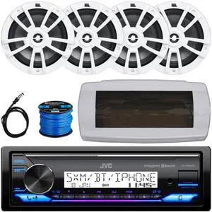 JVC KD-X38MBS Single-DIN Marine Bluetooth USB/AUX LED AM/FM SiriusXM Ready Stereo Receiver W/White Cover, 4x 8" 375W Max Power High-Performance Boat White Speakers, 50 Feet Speaker Wire, 22" Antenna