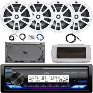 JVC KD-X38MBS Single-DIN Marine Bluetooth USB/AUX LED AM/FM SiriusXM Ready Stereo Receiver W/White Cover, 4x 8" 375W Max Power Boat White Speakers, 4-Channel Compact Amplifier W/8-Gauge Kit, Antenna