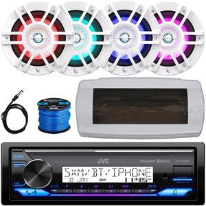 JVC KD-X38MBS Single-DIN Marine Bluetooth USB/AUX LED AM/FM SiriusXM Ready Stereo Receiver W/White Cover, 4x 6.5" 300W Max 2-Way Coaxial White Boat RGB LED Speakers W/50 Feet Wire, 22" Radio Antenna