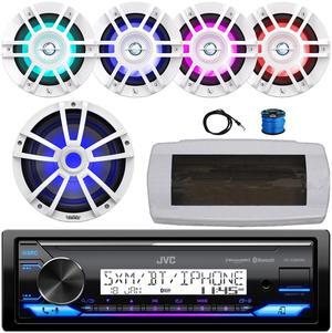 JVC KD-X38MBS Single-DIN Marine Bluetooth USB/AUX LED AM/FM SiriusXM Ready Stereo Receiver W/White Cover, 4x 6.5" 300W Max 2-Way White RGB LED Speakers W/Wire, 10" Multi-Element Subwoofer, 22" Antenna