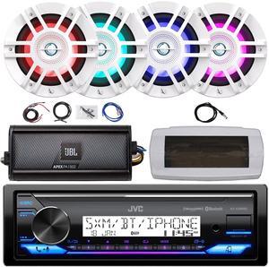 JVC KD-X38MBS Single-DIN Marine Bluetooth USB/AUX LED AM/FM SiriusXM Ready Stereo Receiver W/White Cover, 4x 6.5" 300W Max 2-Way Coaxial White Boat RGB LED Speakers, 2-Channel Amplifier W/Kit, Antenna