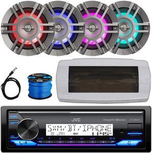 JVC KD-X38MBS Single-DIN Marine Bluetooth USB/AUX LED AM/FM SiriusXM Ready Stereo Receiver W/White Cover, 4x 6.5" 300W Max 2-Way Coaxial Titanium Boat RGB LED Speakers, 50 Feet Speaker Wire, Antenna