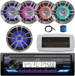 JVC KD-X38MBS Single-DIN Marine Bluetooth USB/AUX LED AM/FM SiriusXM Ready Stereo Receiver W/White Cover, 4x 6.5" 300W Max 2-Way Coaxial RGB LED Boat Titanium Speakers W/Wire, 10" Subwoofer, Antenna