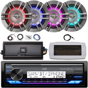 JVC KD-X38MBS Single-DIN Marine Bluetooth USB/AUX LED AM/FM SiriusXM Ready Stereo Receiver W/White Cover, 4x 6.5" 300W Max 2-Way Titanium Boat RGB LED Speakers, 2-Channel Amplifier W/Kit, 22" Antenna