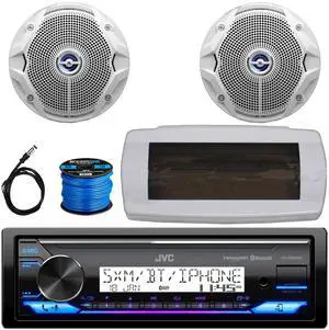 JVC KD-X38MBS Single-DIN Marine Bluetooth USB/AUX LED AM/FM SiriusXM Ready Stereo Receiver W/White Cover, 2x JBL 6.5" 180W Max Power Dual Cone Coaxial White Boat Speakers W/50 Feet Wire, 22" Antenna