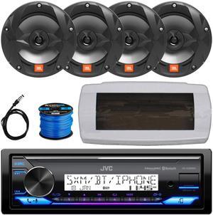 JVC KD-X38MBS Single-DIN Marine Bluetooth USB/AUX LED AM/FM SiriusXM Ready Stereo Receiver W/White Cover, 4x 6.5" 225W Max Power 2-Way Multi-Element Black Boat Audio Speakers W/50 Feet Wire, Antenna