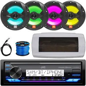JVC KD-X38MBS Single-DIN Marine Bluetooth USB/AUX LED AM/FM SiriusXM Ready Stereo Receiver W/White Cover, 4x 6.5" 225W Max Power 2-Way Multi-Element Black Boat RGB LED Speakers W/50 Feet Wire, Antenna