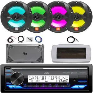 JVC KD-X38MBS Single-DIN Marine Bluetooth USB/AUX LED AM/FM SiriusXM Ready Stereo Receiver W/White Cover, 4x 6.5" 225W Max Power 2-Way Black Boat RGB LED Speakers, 4-Channel Amplifier W/Kit, Antenna