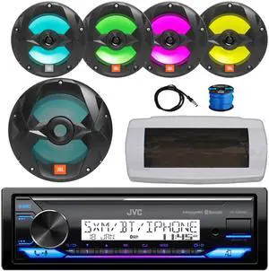 JVC KD-X38MBS Single-DIN Marine Bluetooth USB/AUX LED AM/FM SiriusXM Ready Stereo Receiver W/White Cover, 4x 6.5" 225W Max Power 2-Way RGB LED Speakers W/Wire, 10" 750W Max Power Subwoofer, Antenna