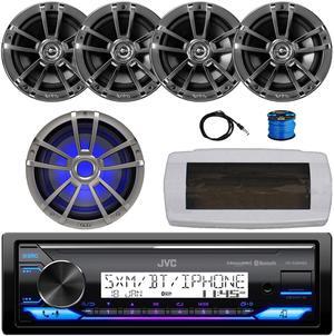 JVC KD-X38MBS Single-DIN Marine Bluetooth USB/AUX LED AM/FM SiriusXM Ready Stereo Receiver W/White Cover, 4x 6.5" 225W Max Power 2-Way Chrome Speakers, Speaker Wire, 10" RGB LED Subwoofer, 22" Antenna