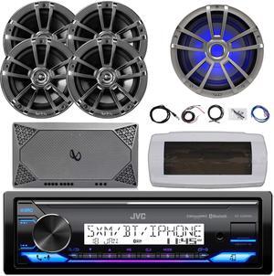 JVC KD-X38MBS Single-DIN Marine Bluetooth USB/AUX LED AM/FM SiriusXM Ready Stereo Receiver W/White Cover, 4x 6.5" 225W Max Power Speakers, 10" RGB LED Subwoofer, 4-Channel Amplifier W/Kit, 22" Antenna