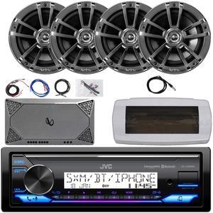 JVC KD-X38MBS Single-DIN Marine Bluetooth USB/AUX LED AM/FM SiriusXM Ready Stereo Receiver W/White Cover, 4x 6.5" 225W Max Power 2-Way Boat Chrome Speakers, 4-Channel Compact Amplifier W/Kit, Antenna