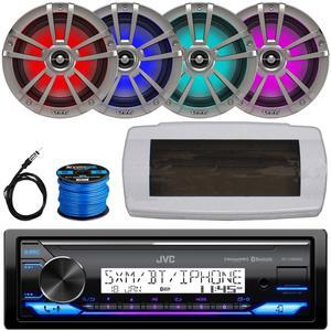 JVC KD-X38MBS Single-DIN Marine Bluetooth USB/AUX LED AM/FM SiriusXM Ready Stereo Receiver W/White Cover, 4x 6.5" 225W Max Power Waterproof Coaxial RGB LED Boat Titanium Speakers W/Wire, 22" Antenna