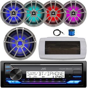 JVC KD-X38MBS Single-DIN Marine Bluetooth USB/AUX LED AM/FM SiriusXM Ready Stereo Receiver W/White Cover, 4x 6.5" 225W Max Power RGB LED Titanium Speakers W/Wire, 10" RGB LED Subwoofer, 22" Antenna
