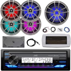 JVC KD-X38MBS Single-DIN Marine Bluetooth USB/AUX LED AM/FM SiriusXM Ready Stereo Receiver W/White Cover, 4x 6.5" 225W Max Power RGB LED Speakers, 10" Subwoofer, 4-Channel Amplifier W/Kit, 22" Antenna