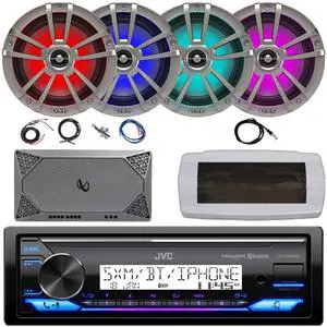 JVC KD-X38MBS Single-DIN Marine Bluetooth USB/AUX LED AM/FM SiriusXM Ready Stereo Receiver W/White Cover, 4x 6.5" 225W Max Power RGB LED Boat Titanium Speakers, 4-Channel Amplifier W/Kit, 22" Antenna